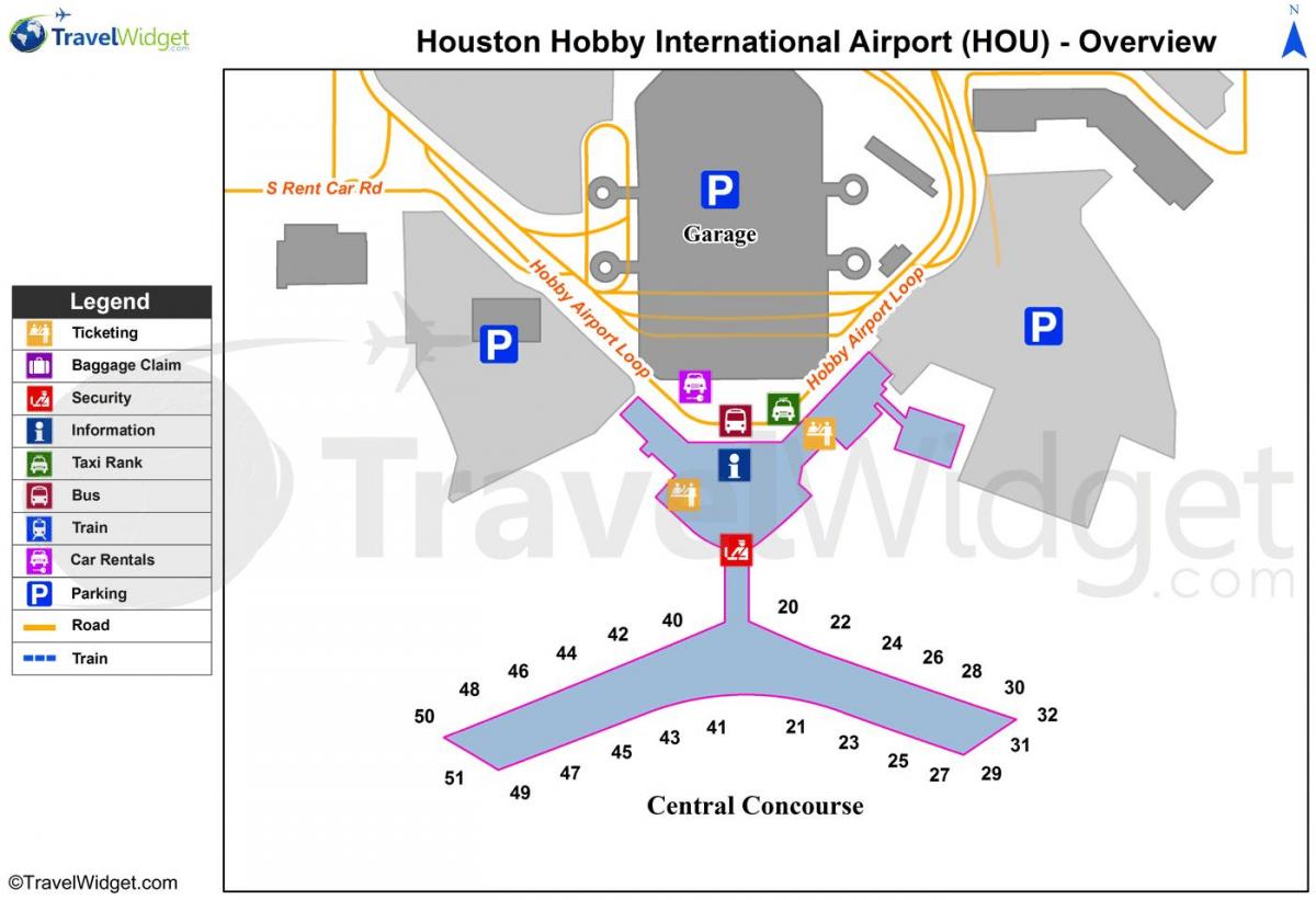 Houston airport terminal op een kaart