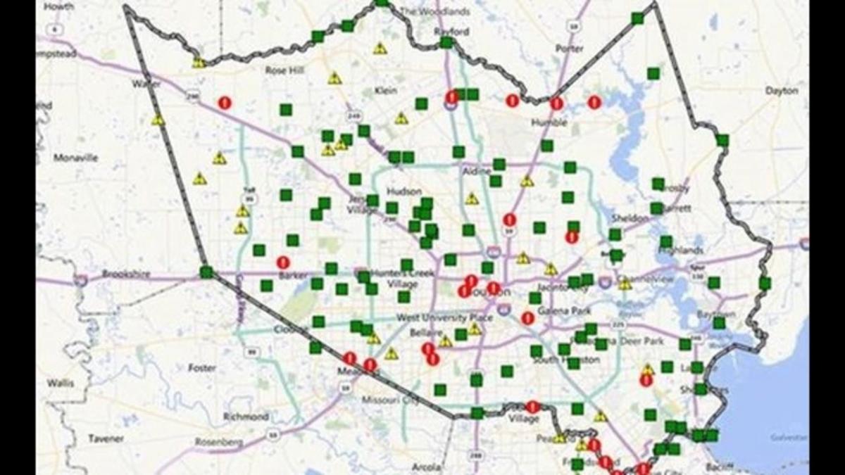 kaart van de overstroomde gebieden in Houston
