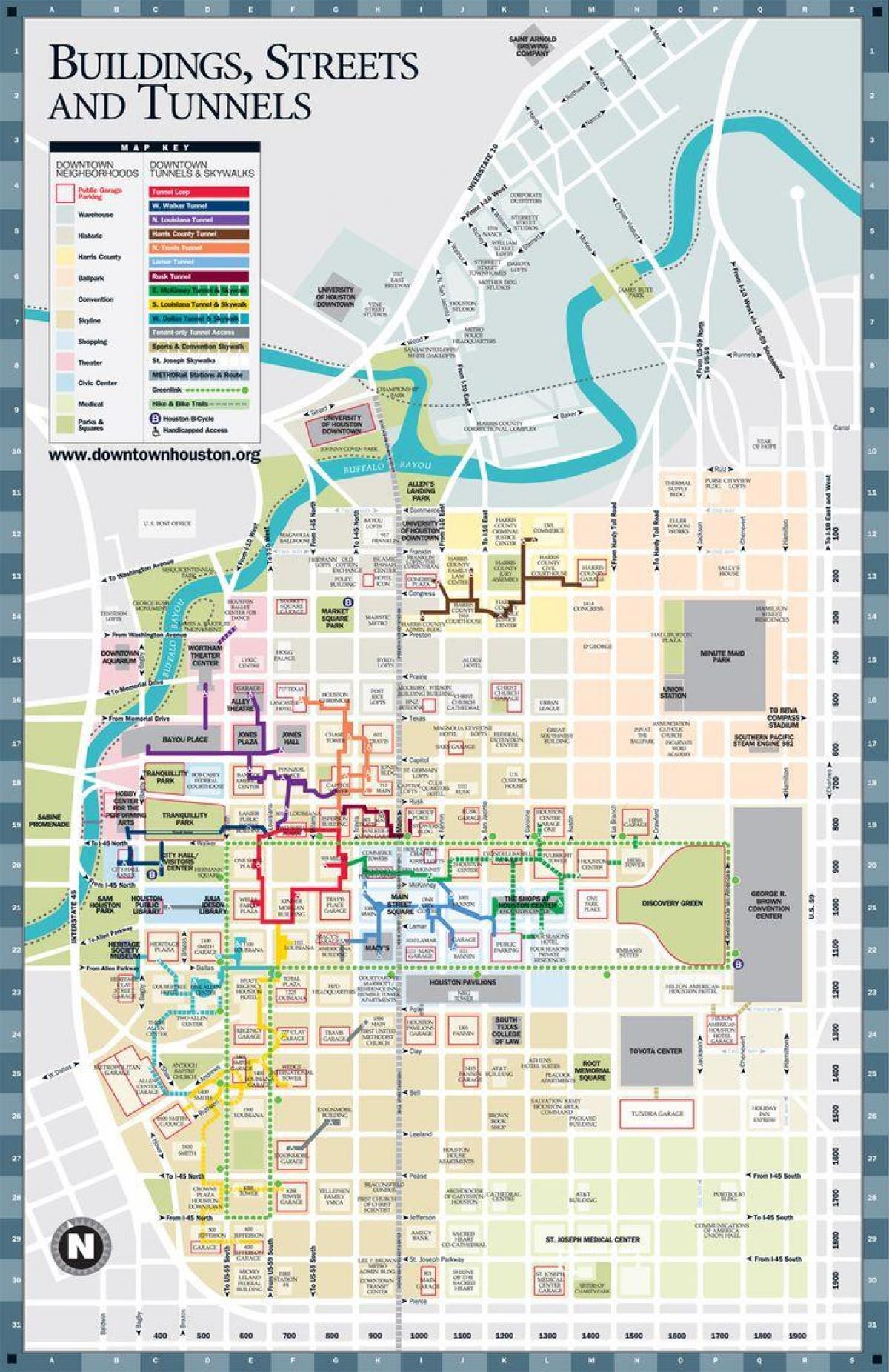 het centrum van Houston tunnel kaart