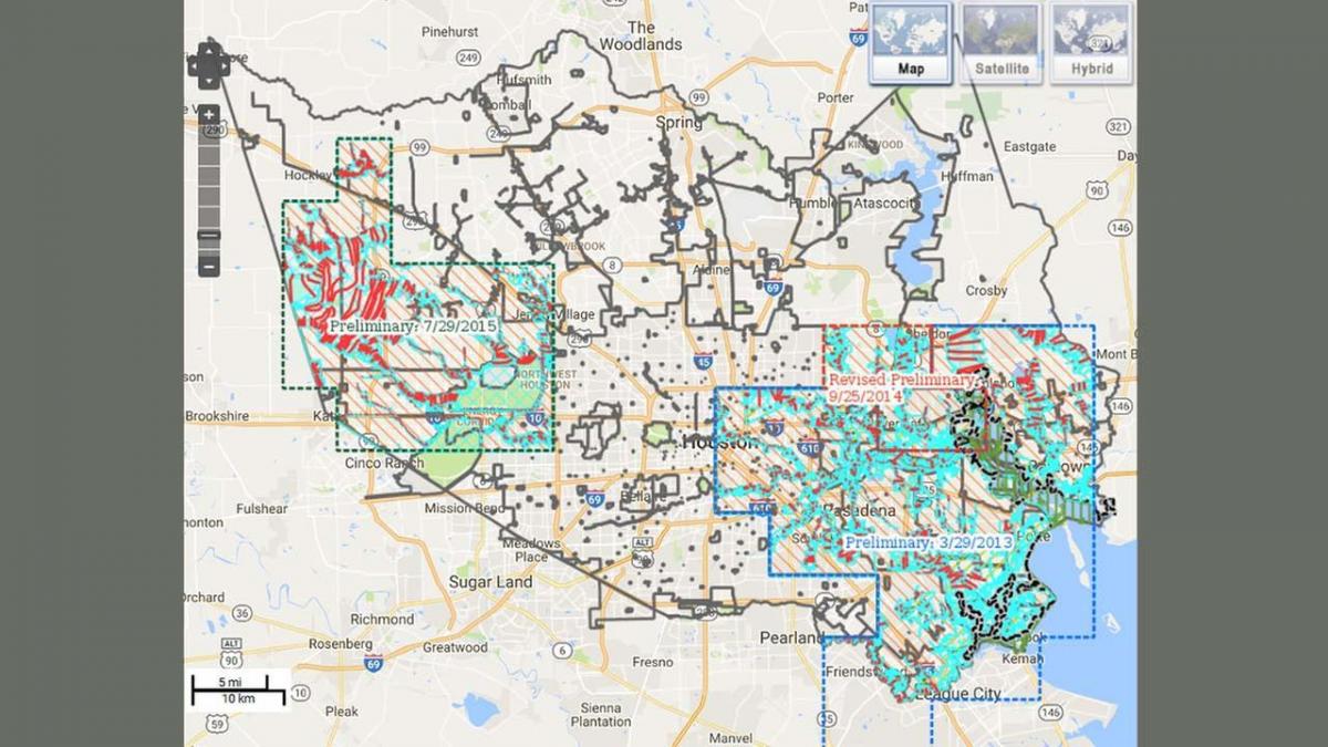 kaart van de overstromingen in Houston